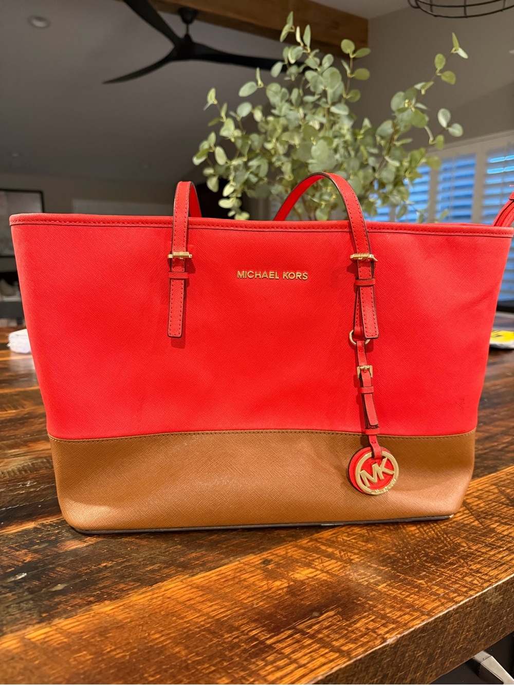 Michael Kors Red and Brown Saffiano Leather Tote